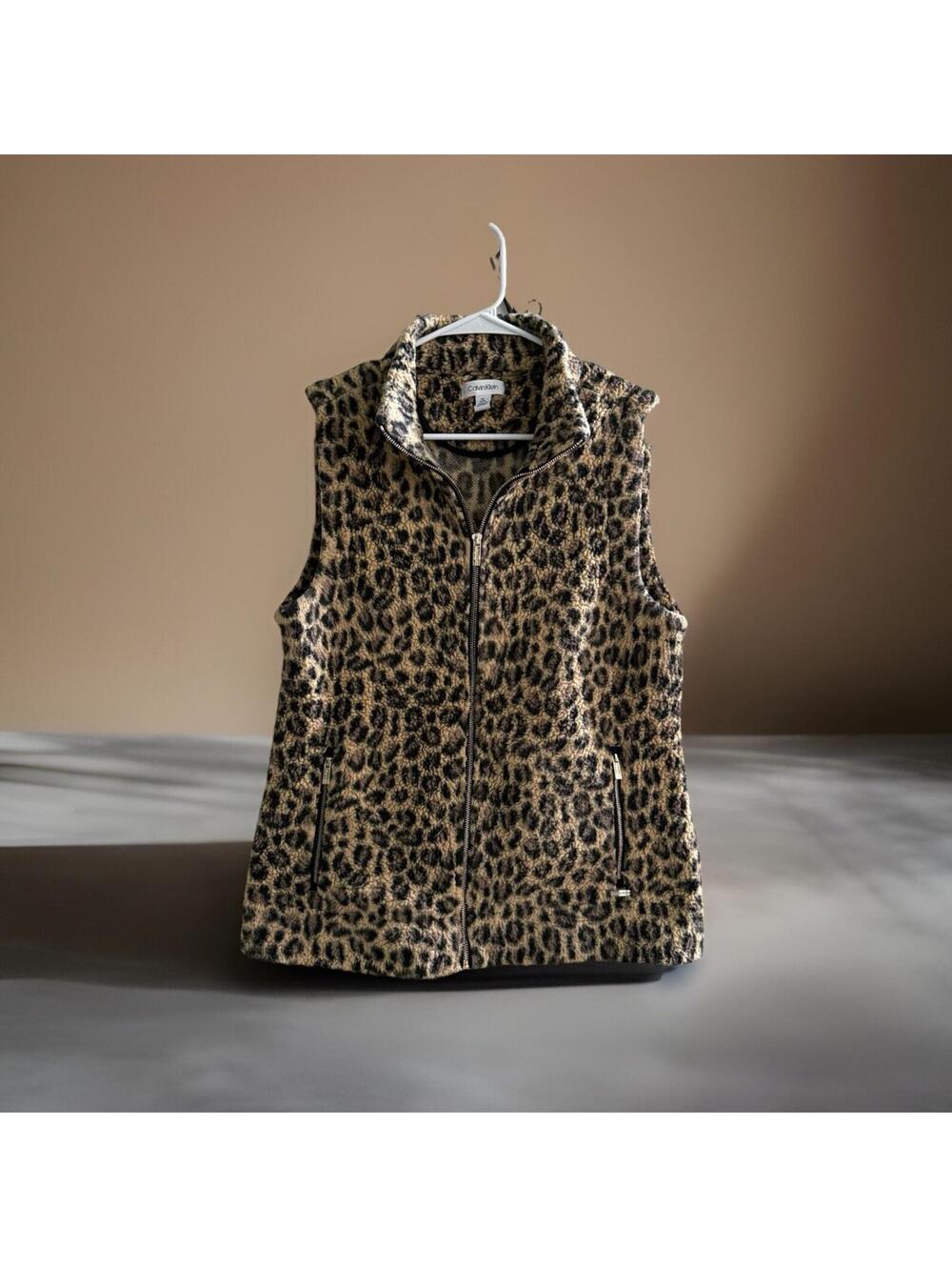 Calvin Klein Leopard Print Sherpa Fleece Vest Womens Medium Full Zip
